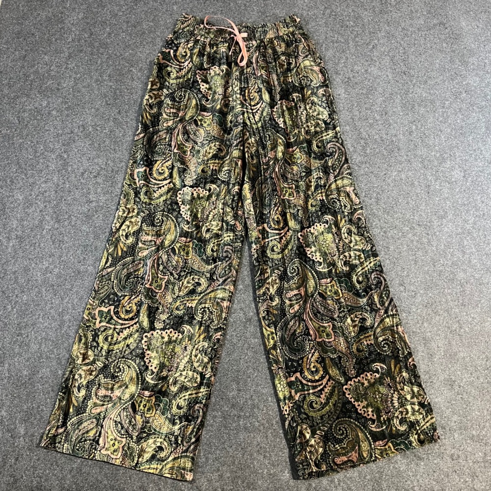 Nekane NKN Spain Paisley Velvet Wide Leg Pants Green Pink Boho Drawstring Small